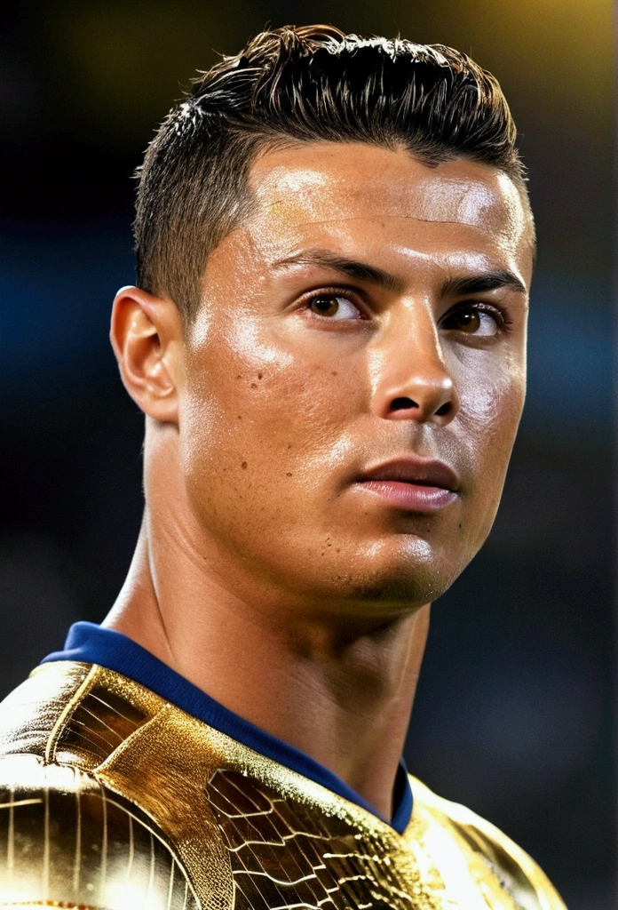 ronaldo image, bathed in the radiant energy of the meteorite, His eyes widen in awe and wonder as otherworldly power courses through him.., enveloping him in a golden aura that signifies his new strength and abilities..