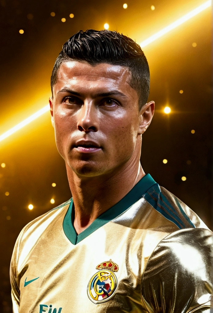 ronaldo image, bathed in the radiant energy of the meteorite, His eyes widen in awe and wonder as otherworldly power courses through him.., enveloping him in a golden aura that signifies his new strength and abilities..