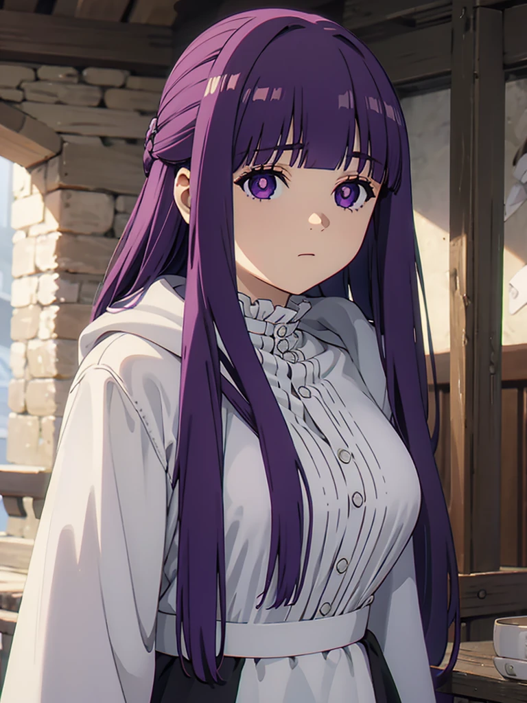 ((masterpiece)),(best quality),official art,extremely delicate and beautiful,extremely detailed CG,unity 8k wallpaper,ultra detailed,beautiful detailed eyes,extremely detailed face,outdoors,1girl,solo,upper body,(portrait:1.5),looking at viewer,facing viewer,expressionless,long hair,purple hair,straight hair,half updo,hime cut,sidelocks,blunt bangs,purple eyes,bright pupils,white pupils,hooded robe,hood down,black robe,white shirt,frills,buttons,long sleeves,medium breasts,long skirt,white skirt,black boots,