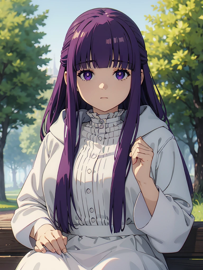 ((masterpiece)),(best quality),official art,extremely delicate and beautiful,extremely detailed CG,unity 8k wallpaper,ultra detailed,beautiful detailed eyes,extremely detailed face,outdoors,1girl,solo,upper body,(portrait:1.5),looking at viewer,facing viewer,expressionless,long hair,purple hair,straight hair,half updo,hime cut,sidelocks,blunt bangs,purple eyes,bright pupils,white pupils,hooded robe,hood down,black robe,white shirt,frills,buttons,long sleeves,medium breasts,long skirt,white skirt,black boots,