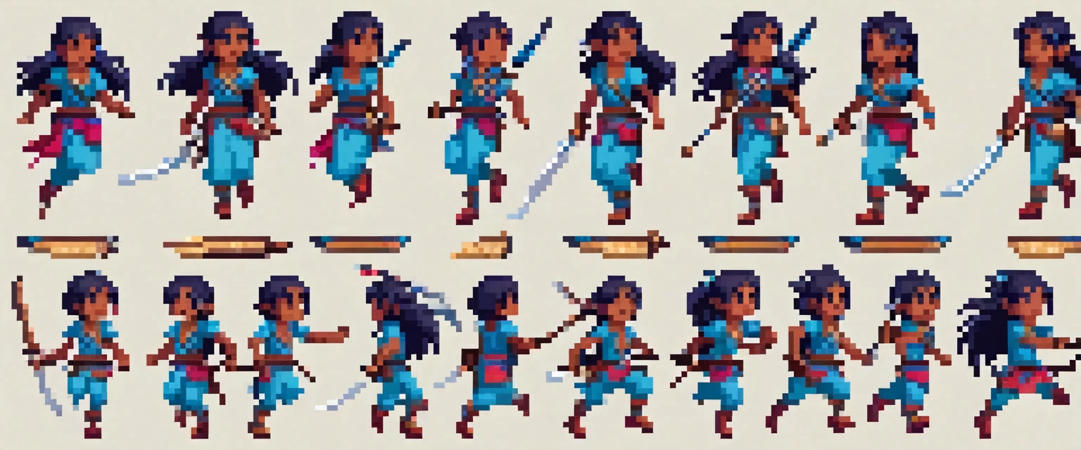 Create a sprite sheet for character animations that includes frames for movement, running, jumping, sword attack, spear attack, and bow attack. Mas o personagem é uma de cabelo azul escuro cor de pele pardo e olhos rosa com uma pequena mochila nas costas de etinia indigena brasileiroCreate a sprite sheet for character animations that includes frames for movement, running, jumping, sword attack, spear attack, and bow attack. Mas o personagem é uma de cabelo azul escuro cor de pele pardo e olhos rosa com uma pequena mochila nas costas de etinia indigena brasileiro