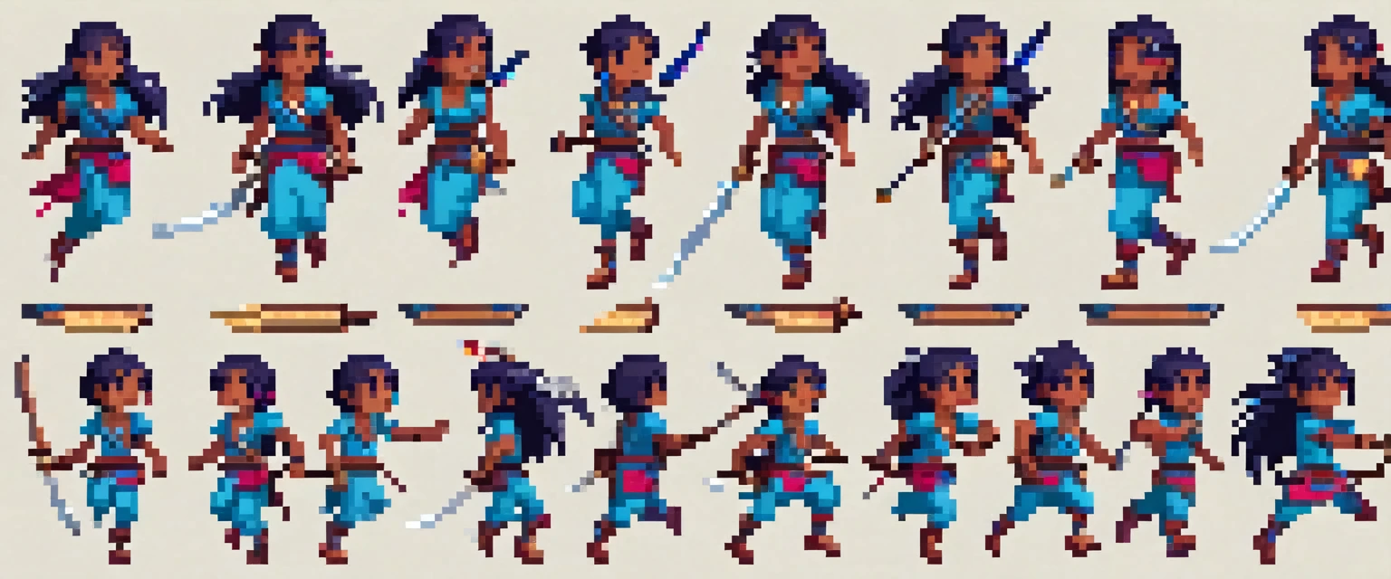 Create a sprite sheet for character animations that includes frames for movement, running, jumping, sword attack, spear attack, and bow attack. Mas o personagem é uma de cabelo azul escuro cor de pele pardo e olhos rosa com uma pequena mochila nas costas de etinia indigena brasileiroCreate a sprite sheet for character animations that includes frames for movement, running, jumping, sword attack, spear attack, and bow attack. Mas o personagem é uma de cabelo azul escuro cor de pele pardo e olhos rosa com uma pequena mochila nas costas de etinia indigena brasileiro