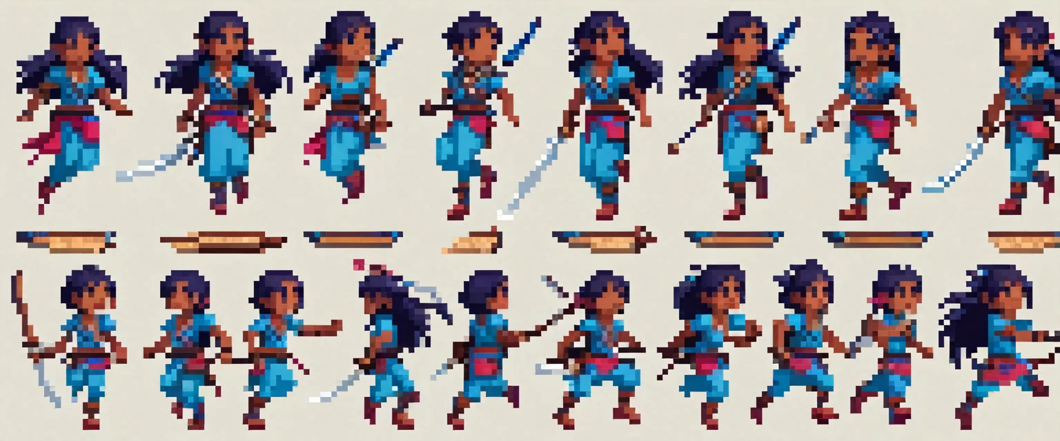 Create a sprite sheet for character animations that includes frames for movement, running, jumping, sword attack, spear attack, and bow attack. Mas o personagem é uma de cabelo azul escuro cor de pele pardo e olhos rosa com uma pequena mochila nas costas de etinia indigena brasileiroCreate a sprite sheet for character animations that includes frames for movement, running, jumping, sword attack, spear attack, and bow attack. Mas o personagem é uma de cabelo azul escuro cor de pele pardo e olhos rosa com uma pequena mochila nas costas de etinia indigena brasileiro