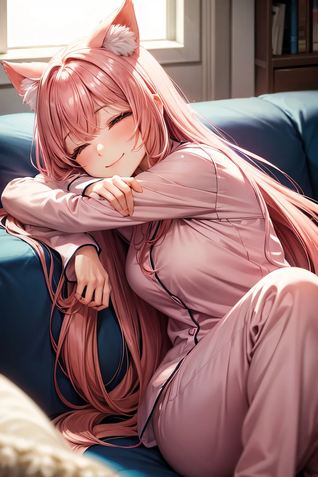 High resolution, perfect human anatomy, cat ears, front view, glossy hair, pink hair, sleeping habit, living room, sitting, gradient eyes, flowing bangs, front angle, pajamas, smile,