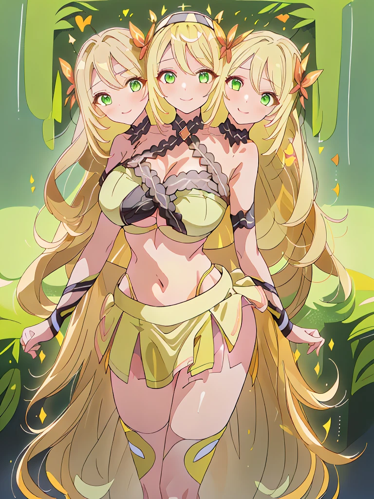 (masterpiece, best quality), best resolution, (3heads:1.5), 1girl, golden yellow hair, long flowing hair, smiling, seductive smile, open belly, light green-black crop top, light green-white miniskirt, open breasts, big tits, very huge tits, black headband, gold eyes, detailed eyes, beautiful eyes, alluring presence,
