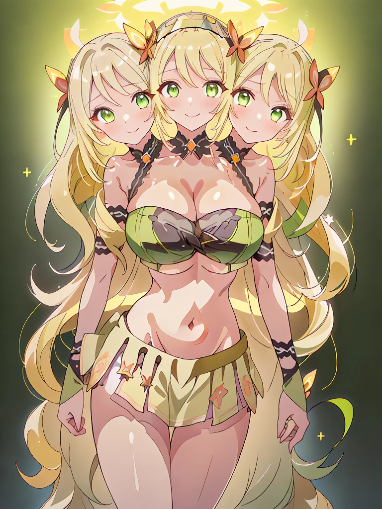 (masterpiece, best quality), best resolution, (3heads:1.5), 1girl, golden yellow hair, long flowing hair, smiling, seductive smile, open belly, light green-black crop top, light green-white miniskirt, open breasts, big tits, very huge tits, black headband, gold eyes, detailed eyes, beautiful eyes, alluring presence,
