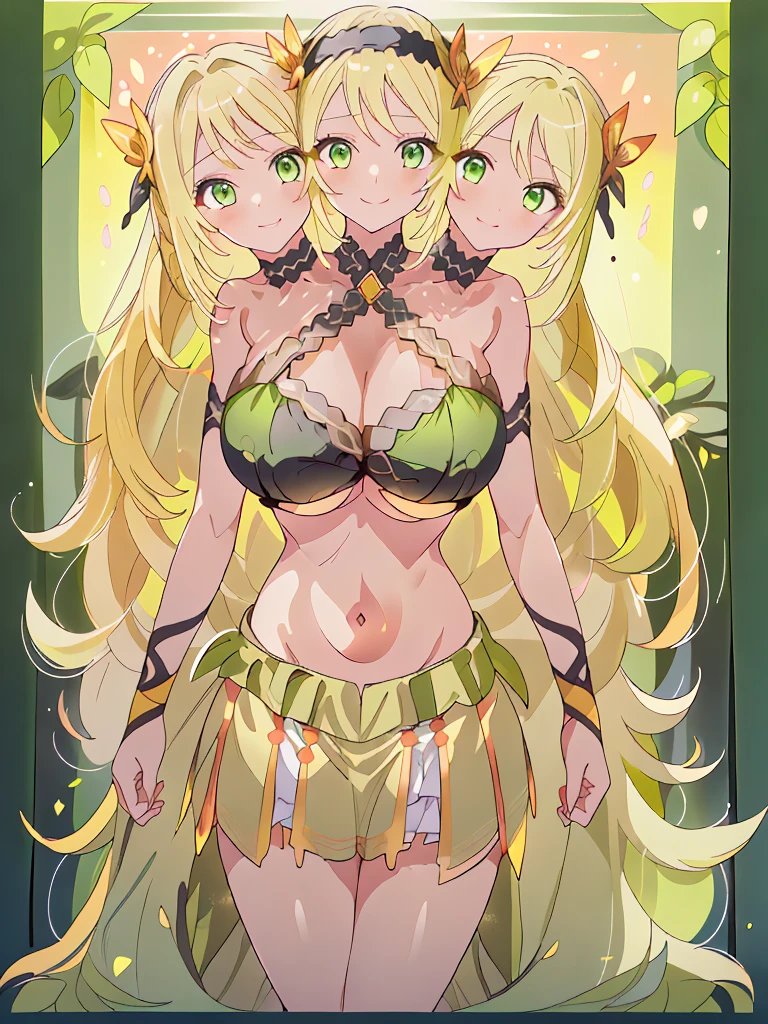 (masterpiece, best quality), best resolution, (3heads:1.5), 1girl, golden yellow hair, long flowing hair, smiling, seductive smile, open belly, light green-black crop top, light green-white miniskirt, open breasts, big tits, very huge tits, black headband, gold eyes, detailed eyes, beautiful eyes, alluring presence,
