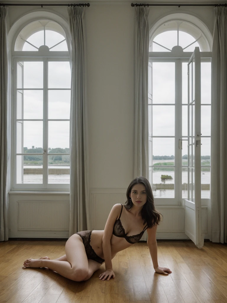 her name is Amelie, high quality, 1girl, ((25-year-old fit Caucasian woman)), ((25 years old)), ((slim)), ((dark hair)), pose: sexy boudoir pose, wearing SOPHISTICATED courant lingerie bright colored, BACKGROUND: "A riverfront apartment with an open-plan living area, contemporary decor, and large windows with views of the Loire River."