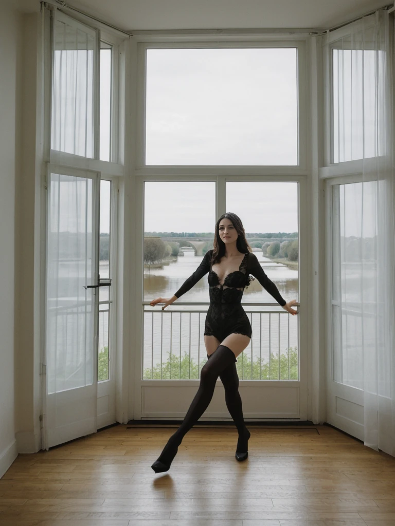 her name is Amelie, high quality, 1girl, ((25-year-old fit Caucasian woman)), ((25 years old)), ((slim)), ((dark hair)), pose: sexy boudoir pose, wearing SOPHISTICATED courant lingerie bright colored, BACKGROUND: "A riverfront apartment with an open-plan living area, contemporary decor, and large windows with views of the Loire River."