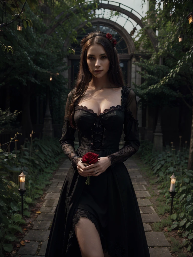 (Best Quality,High resolution:1.2) beautiful gothic woman with medieval lace dress, sexy, holding a red rose. Gothic style garden, dark and vibrant. Fireflies in the background. Hoar. fog, dark environment, lighting with hanging lanterns. beauty. Hyperrealism, 4k, 8k