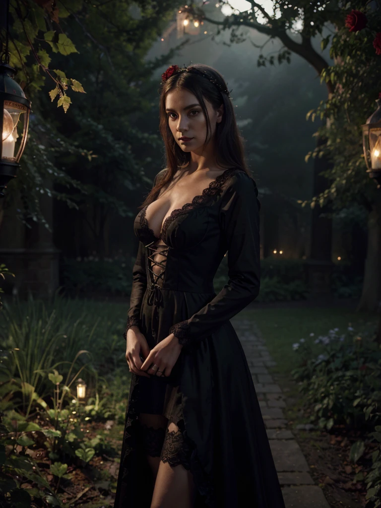 (Best Quality,High resolution:1.2) beautiful gothic woman with medieval lace dress, sexy, holding a red rose. Gothic style garden, dark and vibrant. Fireflies in the background. Hoar. fog, dark environment, lighting with hanging lanterns. beauty. Hyperrealism, 4k, 8k