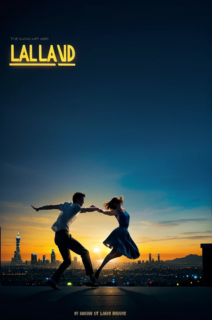 simple movie poster designs for this movie:
**1. La La Land:**
- Minimalist design in shades of blue and yellow.
- Silhouette of a couple dancing in a city with neon lights.
- containing the following Text: "La La Land: Where love and music meet".