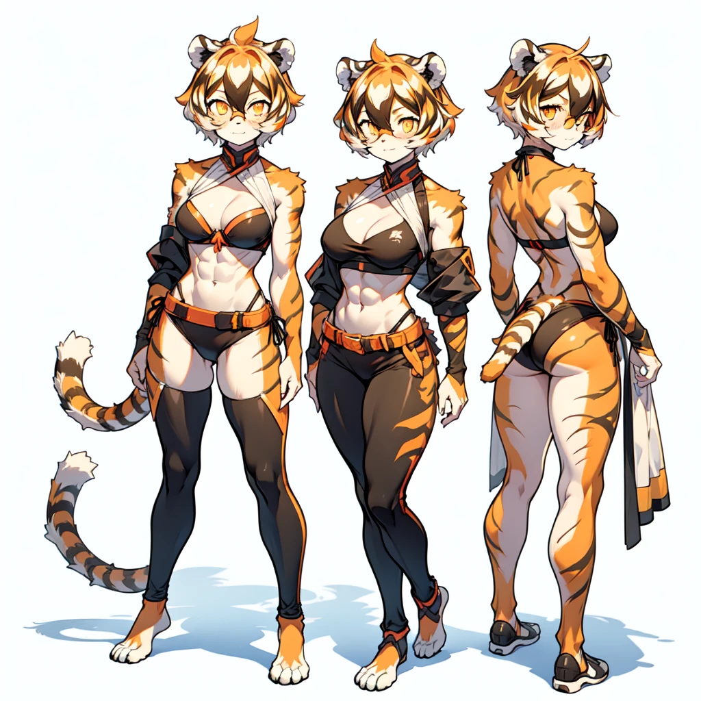 front and back,white background, full body, Standing:1.5, Crotch cloth and bikini bra,animal ears, white hair, black hair, short hair, large breasts, tiger skin，Abdominal muscles, tail, orange eyes, orange hair, multicolored hair, tiger girl, hair between eyes, tiger_ears, tiger_tail, orange-tinted_eyewear, tinted_eyewear, big breasts, evil smile, Shadows under feet, sey ass,