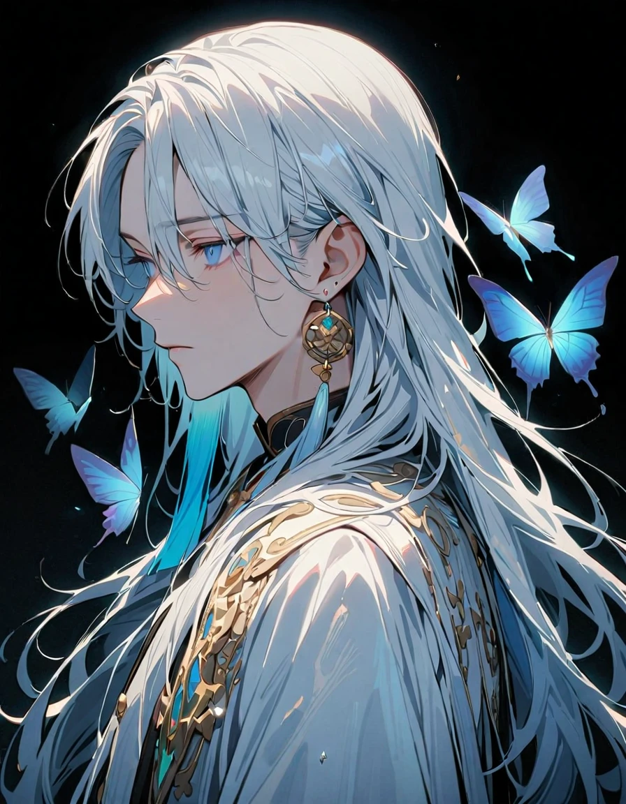 masterpiece, Male focus, 1 boy, solitary, White hair, tassel earrings, tassel, Jewelry, earrings, black background, blue eyes, Long hair, crystal, Butterfly, Upper Body,  Colorful hair，Pearlescent Rose，Personal，The eyes are depicted in great detail