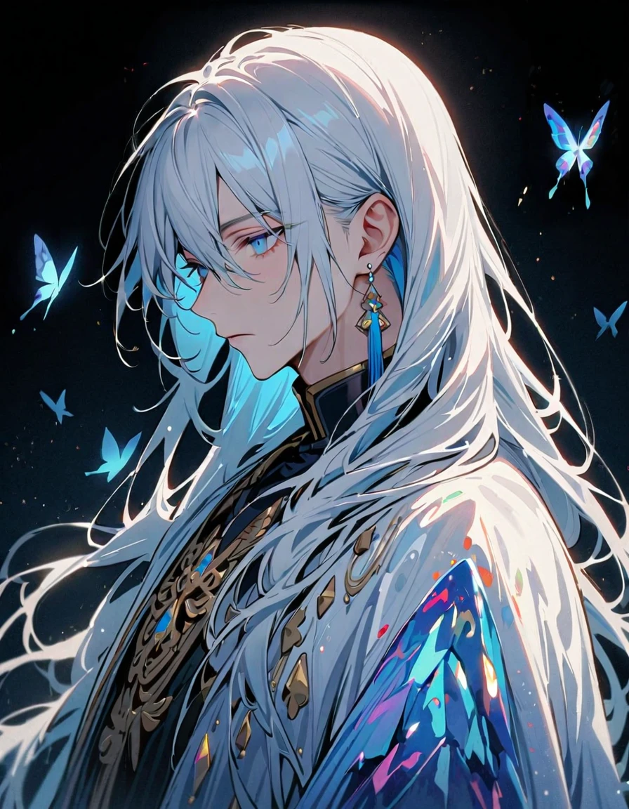 masterpiece, Male focus, 1 boy, solitary, White hair, tassel earrings, tassel, Jewelry, earrings, black background, blue eyes, Long hair, crystal, Butterfly, Upper Body,  Colorful hair，Pearlescent Rose，Personal，The eyes are depicted in great detail