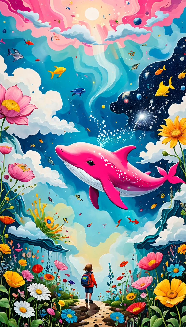 Children's graffiti,Thick coating，Concave and convex texture，Oil pastel strokes：Artists from the stars，Child，Flying Whale:1.37、Eruption Cloud、flowesh、章fish触手瀑布。、bird、(((Eye)))、diatom，Abstract mosaic painting，Describing the inner world of autistic people，Large area of white，interesting，Innocence，Vision，Psychedelic Art，
