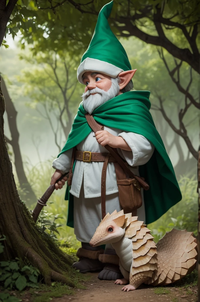 a gnome, White hat,green cloak,long bow on his back and a pangolin behind him