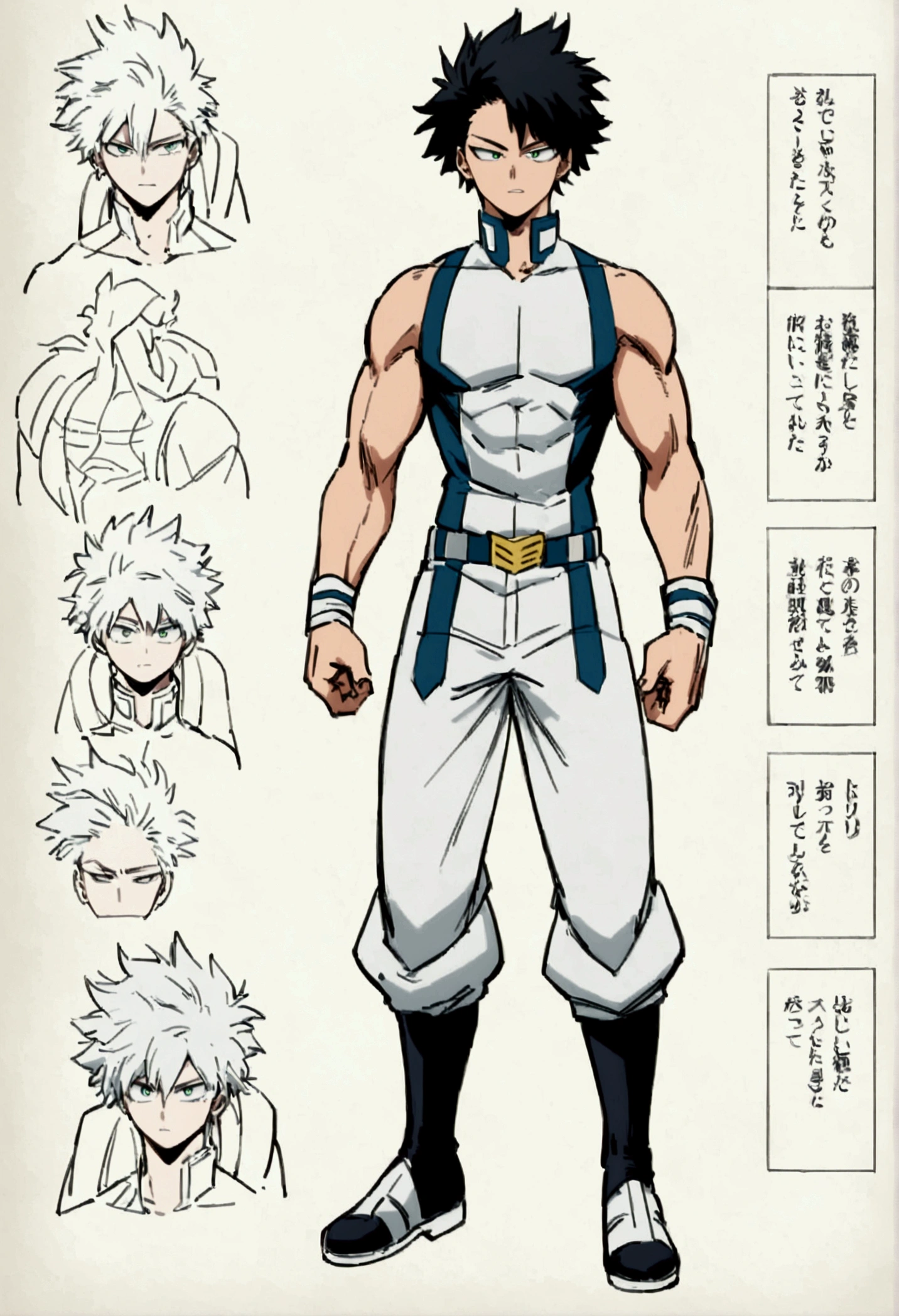 Caracter sheet,  He is a 17 year old teenager, He has slightly disheveled very black hair..., somewhat light green eyes, , muscular body , sexy face, He is dressed in the anime male uniform "my hero academia" 