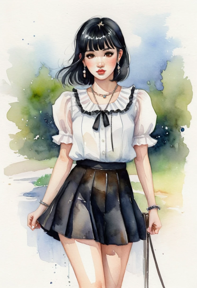 Miniature Painting, watercolor style, cartoonA woman looking straight ahead,Perfect face, she has black hair with bangs, brown eyes, small freckles on her face, earrings in her ears and a chain on her arm. She is wearing a black skirt and white blouse with ruffles. She has black sandals on her feet. watercolor style, kawaii style. high quality, by Harumi Hironaka and Camilla d'Errico