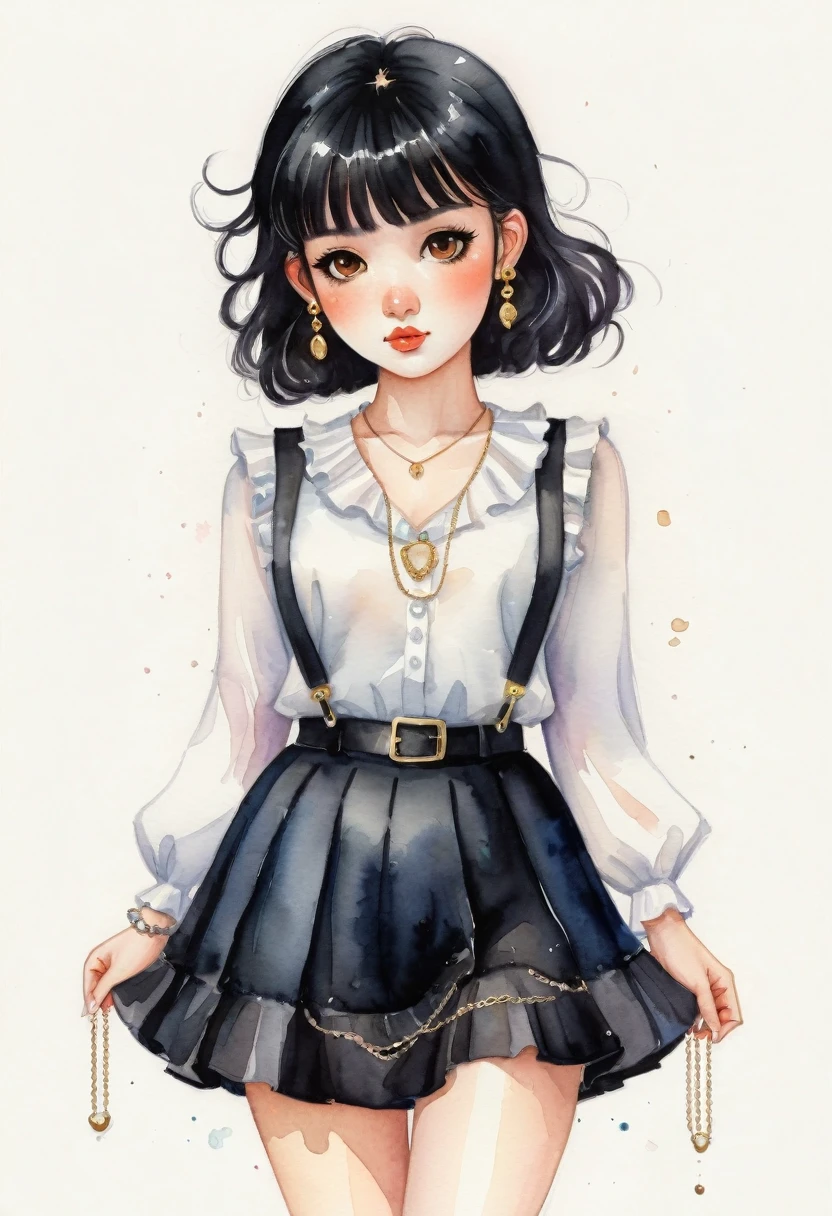 Miniature Painting, watercolor style, cartoonA woman looking straight ahead,Perfect face, she has black hair with bangs, brown eyes, small freckles on her face, earrings in her ears and a chain on her arm. She is wearing a black skirt and white blouse with ruffles. She has black sandals on her feet. watercolor style, kawaii style. high quality, by Harumi Hironaka and Camilla d'Errico