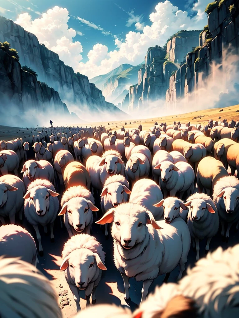 (Masterpiece, Highest quality: 1.2), (High resolution: 1.1), (Highest quality), Dynamic Angle, Shepherd Girl, null, cloud, Highland Road, Shepherd Dog, Flock of sheep, Top view, dramatic lighting, Beautiful shadows, beautiful,