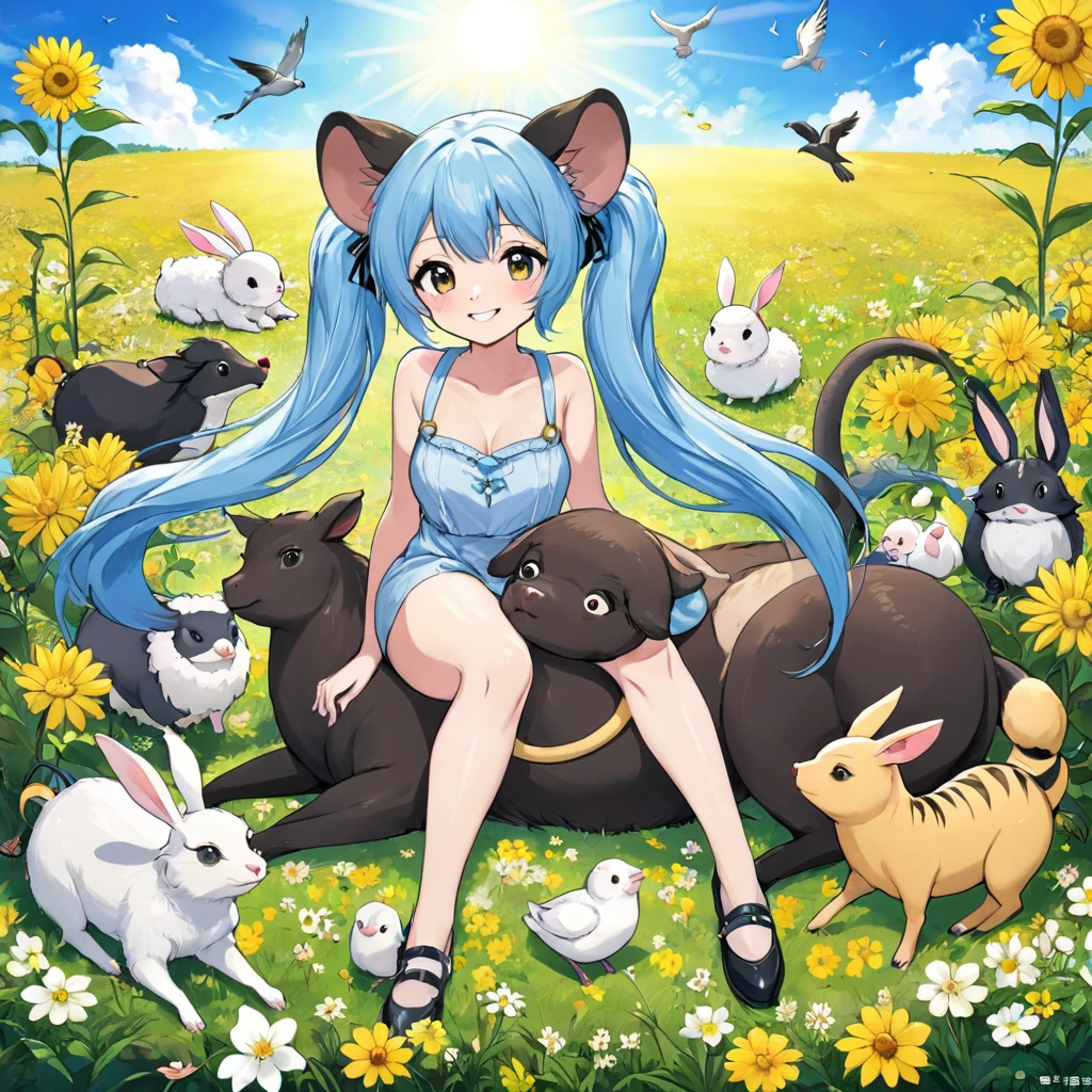 Anime girl sitting surrounded by animals in a flower field under a blue sky, Light blue long hair、Twin tails 、Bright smile、Tiger dragon mouse or rat ox Rabbit snake sheep dog pig monkey bird horse Anime fantasy illustration,