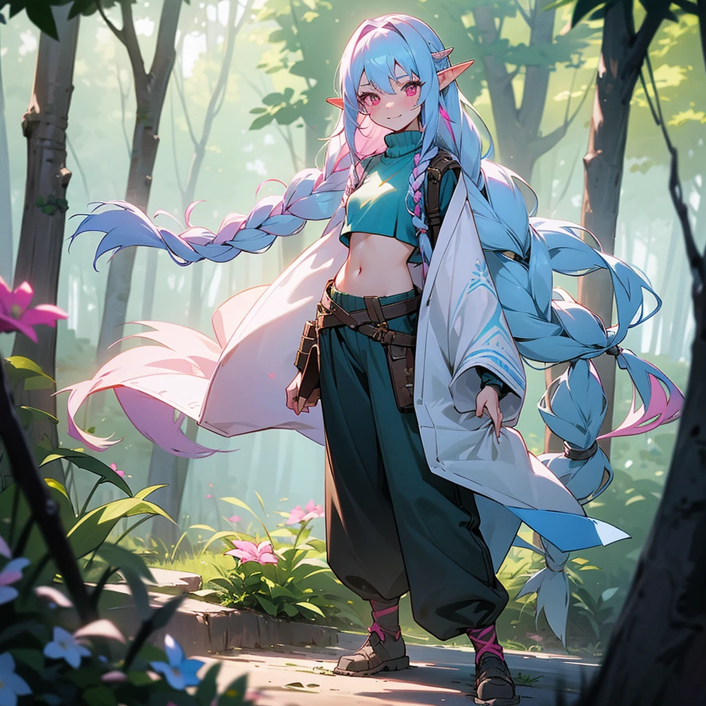 1female, sexy, , elf ears, finely detailed pink eyes, wild long hair, braided hair, pale blue hair color, adventurer gear, crop top sweater, baggy combat pants, standing on path, day time, dark forest, excited expression, flowers, blushing