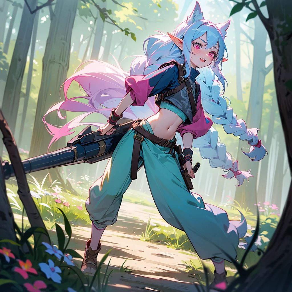 1female, sexy, young teen, elf ears, finely detailed pink eyes, wild long hair, braided hair, pale blue hair color, adventurer gear, crop top sweater, baggy combat pants, standing on path, day time, dark forest, excited expression, flowers, blushing