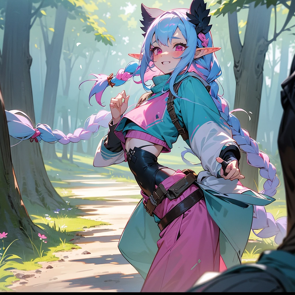 1female, sexy, young teen, elf ears, finely detailed pink eyes, wild long hair, braided hair, pale blue hair color, adventurer gear, crop top sweater, baggy combat pants, standing on path, day time, dark forest, excited expression, flowers, blushing