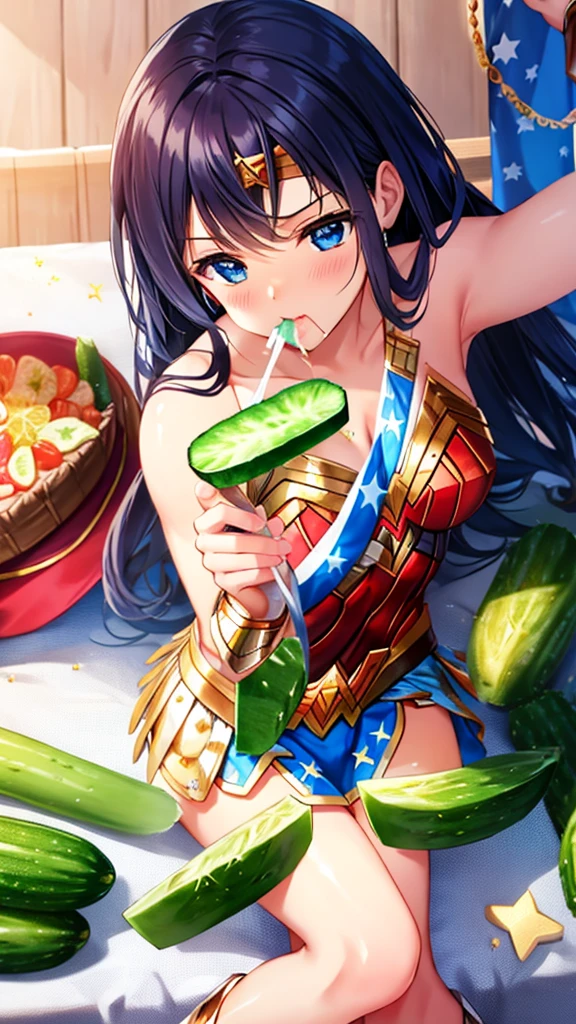 Wonder Woman eats cucumber with milk 