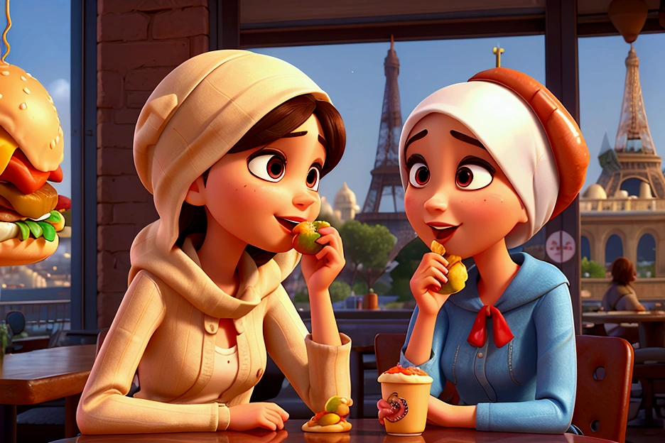 in paris restaurant, one arabe woman covered head, eating hamburger, people, side view, extreme details, 3D pixar