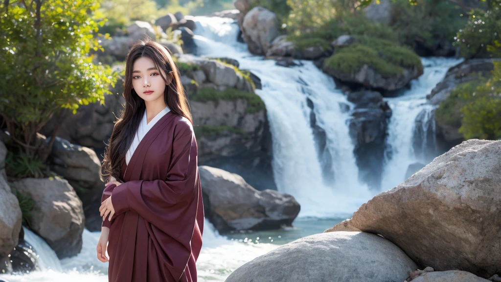 Being hit by a waterfall on a rock、Physiologically correct body、Formal wear、Cute 20 year old girl、Medium Hair,Natural color lip, Blur the background、To endure alone、Monk's attire