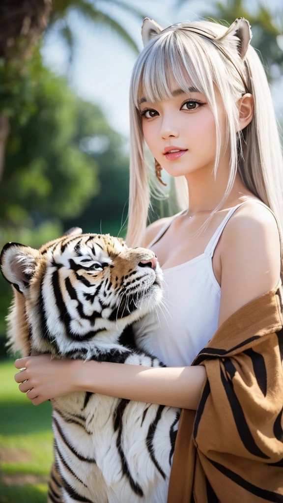 10-year-old girl、Baby Face、Classmate、whole body、(Fur coat、White tiger fur、Black and white tiger striped fur:1.5)、Small breasts、Small breasts、Pink nipples、smile、bangs、Long Hair、(White Tiger、Fox Ears、Silver Hair、Crystal clear hair、Smooth Hair:1.5)、Put your hands out in front of you、The light illuminates my hair、Light Hair、Silky Hair、Shiny Hair、Slim body、RAW Photos, (Highest quality、masterpiece、Realistic photo:1.2)、Dramatic lighting、Bright lighting、Super detailed、Realistic skin texture、Beautiful eyes in every detail、Blue colored eyes、Land of Ice、Rime on trees、Arctic、(Detailed Background、Depth of written boundary:1.2)、