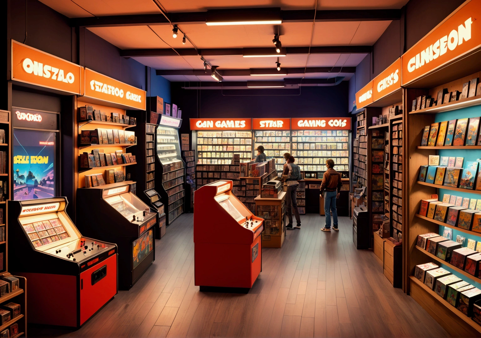 a retro 80s video game store, detailed interior, shelves filled with classic video games, customers browsing, nostalgia, warm lighting, vintage decor, detailed textures, high quality, photorealist