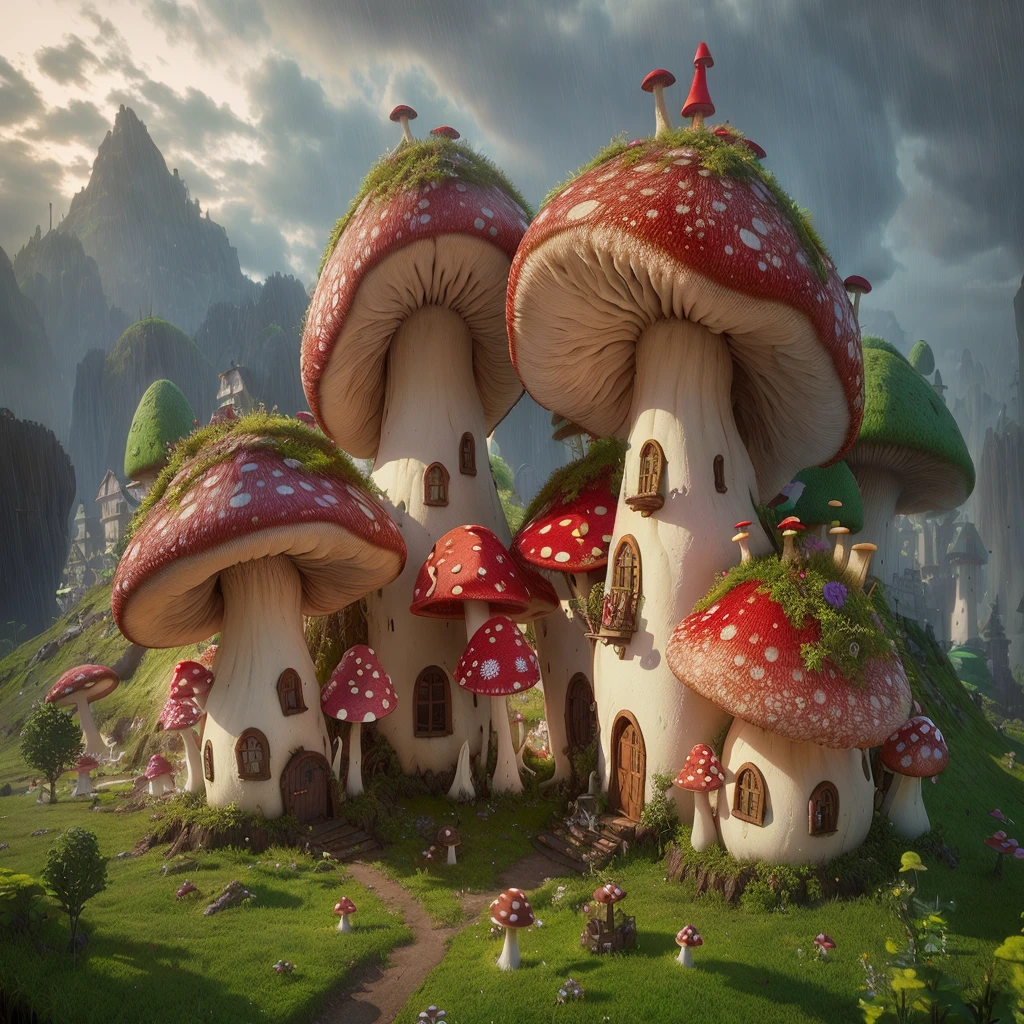 há muitos toadstools crescendo no solo, casas em forma de toadstools, casa de toadstools, mushroom city, mushroom house, slavic city. toadstools grandes, dark fantasy painting，cute, roland zilvinskis 3d render arte, realistic fantasy rendering, Stylized 3D rendering, cyber mushroom city, Stylized 3D rendering, toadstools