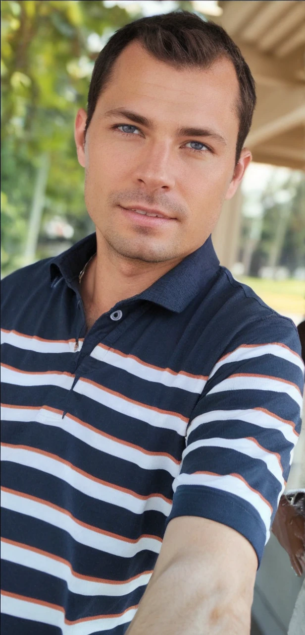 Portrait of handsome Caucasian man in the hallway, Night, Blue shirt, Brown hair