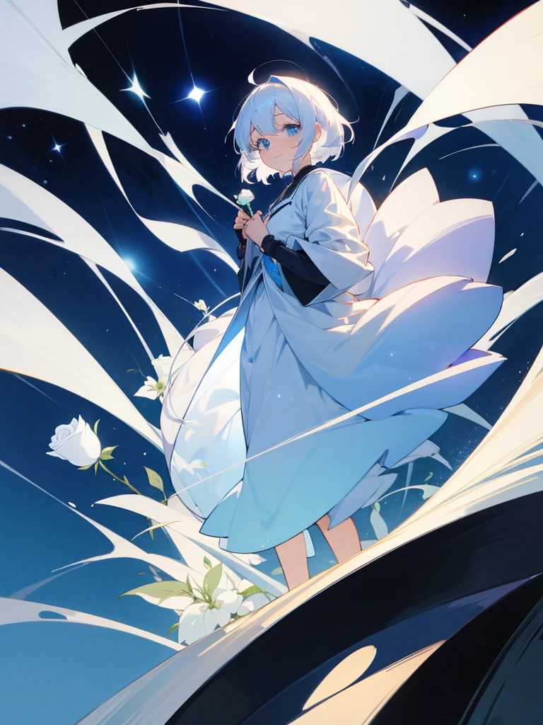 Ultra high res, Ultra Quality art,A great detective anime girl short white hair beautiful blue eyes shining under the moonlight with a wide starry sky, carrying a white rose with a smile on her face,kawai art