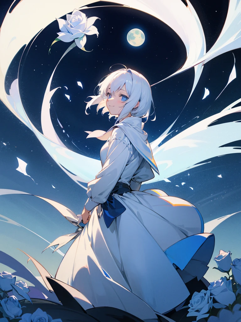 Ultra high res, Ultra Quality art,A great detective anime girl short white hair beautiful blue eyes shining under the moonlight with a wide starry sky, carrying a white rose with a smile on her face,kawai art