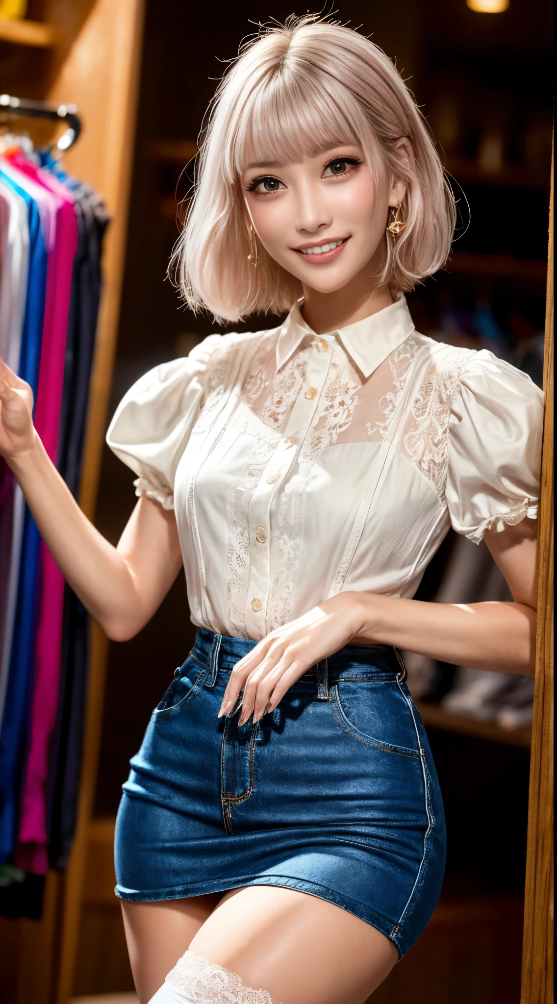 ((((Very short))))、Earrings、Collared shirt、((((blunt bangs)))) ((Short bangs))、trimmed bangs、(((Inside of a fashionable clothing store)))、(masterpiece、highest quality、In 8K、32k、masterpiece、Super huge 、超A high resolution、Impressionism、Photorealistic:1.2)、Cowboy Shot、Sharp focus、Beautiful face with detailed background of face and eyelids、Blue sky、Glowing Skin、Sharp pupils、Realistic eyes and beautiful face、Blurred Background、Beautiful 28 year old girl、Glowing Skin、(((bright and beautiful hair)))、Iris、(((puff sleeve lace blouse)))、(Knee-length tight skirt)、Thighs、curve、Dynamic pose、Powerful composition、((smile))、((Calm expression))、sweating、((Pink-beige hair color))、High nose、(Small Mouth)、Skirt rip、stockings、Pubic hair is visible、clerk、(Wearing a name tag)