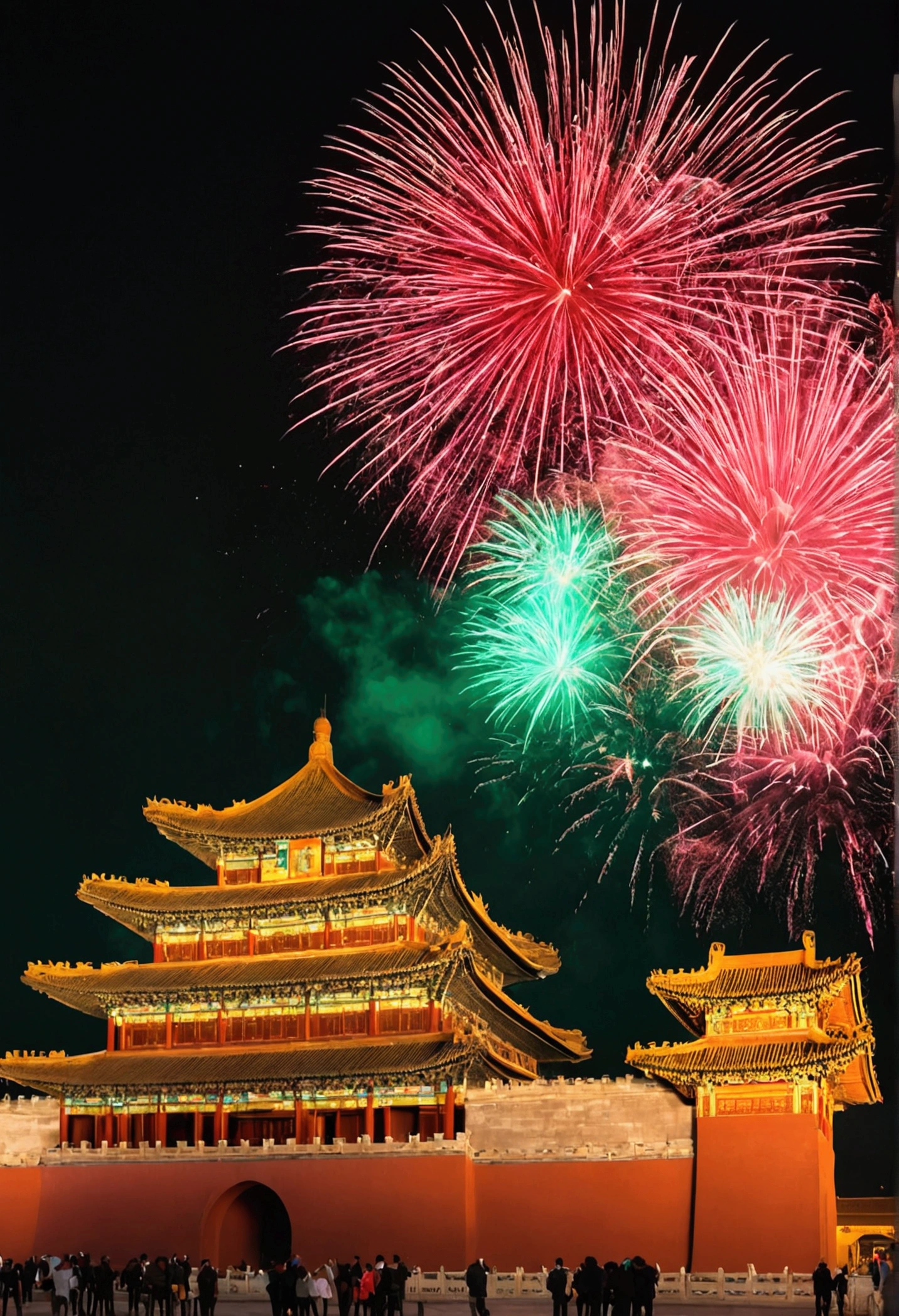 (2024 and Happy New Year written on the red wall of China's Forbidden City:1.37), (Chinese dragon) (Many fireworks bloom in the the night sky), (Many ribbons and gold coins fall in the air), (bright peonies), red gold and turquoise green, Background and: Multidão torcendo durante as celebrações dthe night de feriado, the night