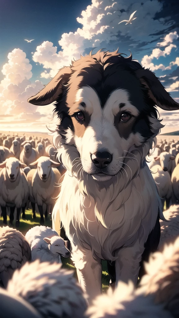 (Masterpiece, Highest quality: 1.2), (High resolution: 1.1), (Highest quality), Dynamic Angle, Shepherd Girl, null, cloud, Highland Road, Shepherd Dog, Flock of sheep, Top view, dramatic lighting, Beautiful shadows, beautiful,