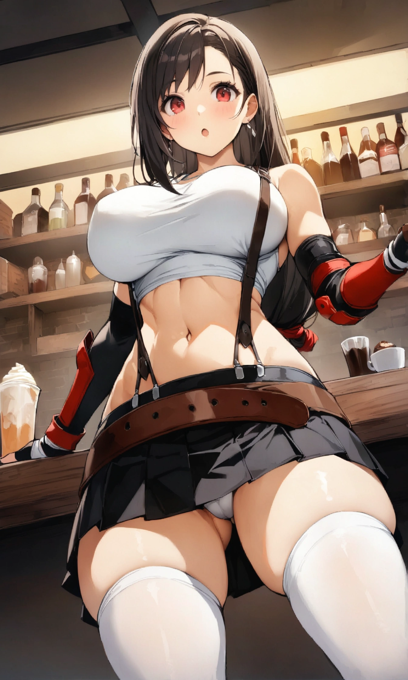 (score_9, score_8_up, score_7_up),  (best quality, masterpiece),perfect anatomy,(aesthetic,very aesthetic),official style, (ultra-high resolution), 1girl, tifa lockhart, final fantasy,(beautiful woman).tareme, black hair, low-tied long hair, red eyes, bangs, white tank top,gap, belt, pleated skirt, thighhighs, elbow fingerless gloves, elbow pads, midriff, navel,suspender skirt.zettai ryouiki ,from below,(breastbelow view),,(large_breasts),Solo,mediumshot,looking_at_viewer,arms in sides,sitting pose,,cafe and bar, ,Framin,(,