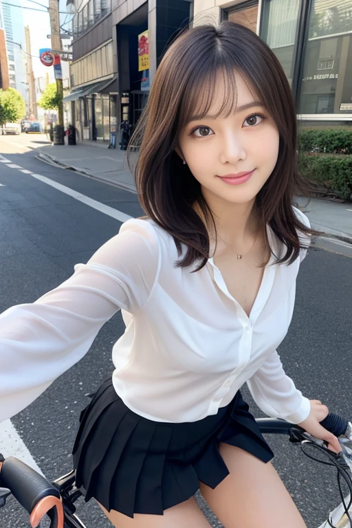(RAW Photos), (Photorealistic), (masterpiece), (Highest quality), High resolution, 8k resolution, (Exquisite detail), (Volumetric Light), woman, Age 35, short hair, Straight hair, Brown haired, Very thin, Very white and clear skin,Highly detailed eyes, Source Sequence, Very thin eyebrows, eyelash,The ultimate beauty,Cute like an idol, smile, (上品で透明感のあるWhite blouse), Random body orientation,Medium chest,Beautiful Japanese office lady, White blouse,Ultra-mini pleated skirt, Lace pantyhose, Random Color, Cute Face, Real Light, Correct Anatomy, Riding a bike 1.4、City bike, on the saddle、Grip the steering wheel with both hands, pedal, Angle 1 From below.4、(((Low angle 1.4))), In the city, There is a strong headwind, Skirt flipped up, (((Her panties are visible))), Beautiful long legs, (((1 よりかなりFrom below.4))), Thin thighs, Viewers looking up,From below,From below,looking at the camera(looking at the viewer),low angle full body shot, from below angle, focus saddle, zoom her skirt