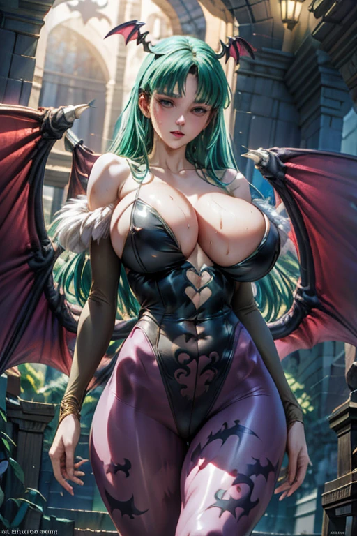 masterpiece, Highest quality, Unreal Engine, Super Resolution, Very detailed,
One Woman, Morrigan, Physical Beauty, Waist, thin, (Muscular:0.8), Round Breasts, Big Breasts, bold, Lips parted, Observe the audience,
Are standing, Sexy pose, Waist shot,
Vampire Hunter World, Inside the dark church, Key Visual,
((Sticky with sweat)),