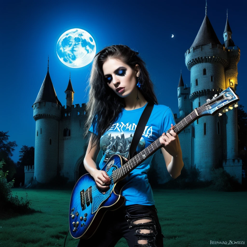 Rocker playing a guitar with a t-shirt with the name "FERNANDA" on it. For a group of ZOMBIES, in the background a Gothic Renaissance castle with a full moon all in bright blue With an "APOLIPTIC DARK" style