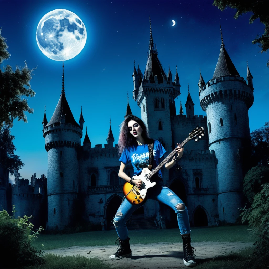 Rocker playing a guitar with a t-shirt with the name "FERNANDA" on it. For a group of ZOMBIES, in the background a Gothic Renaissance castle with a full moon all in bright blue With an "APOLIPTIC DARK" style