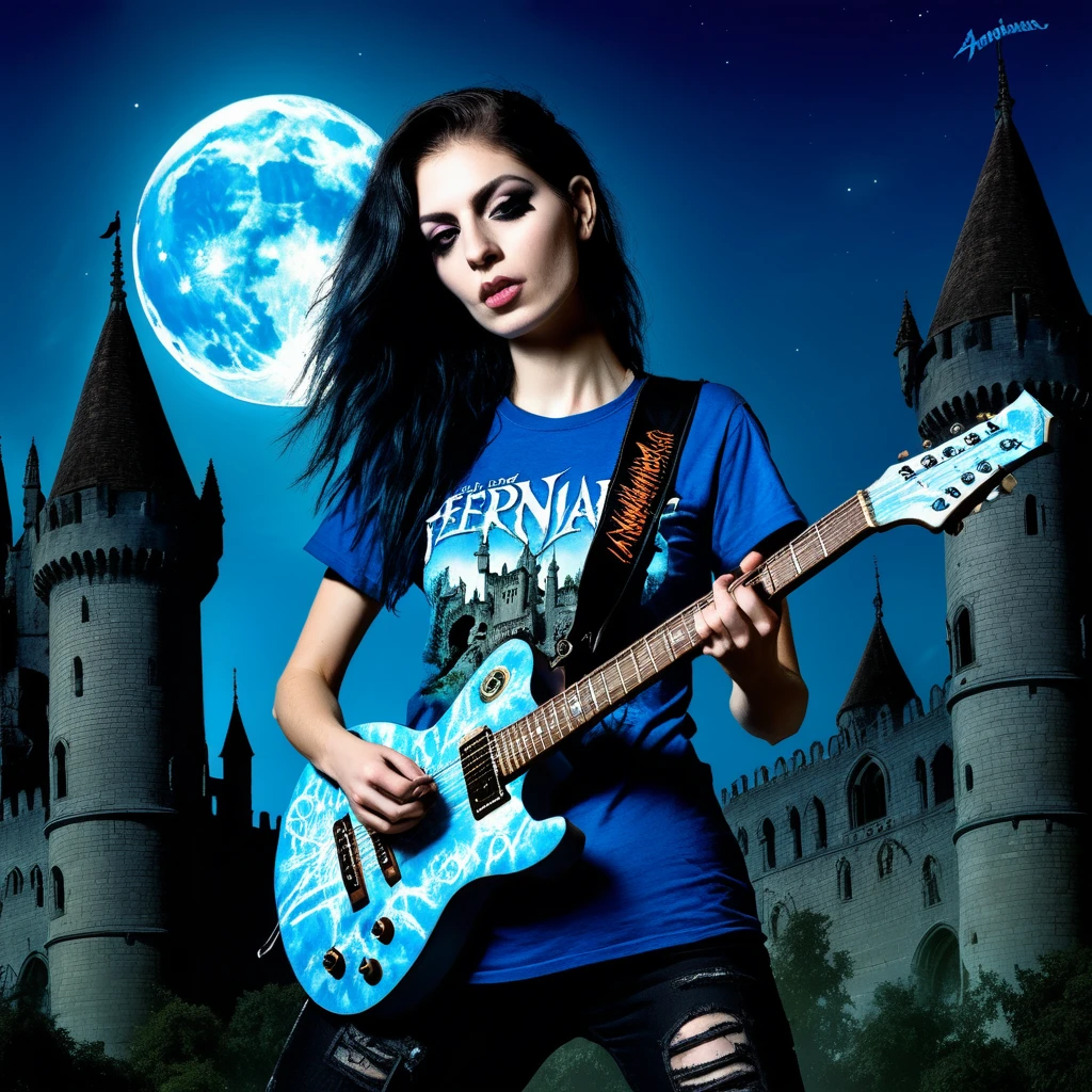 Rocker playing a guitar with a t-shirt with the name "FERNANDA" on it. For a group of ZOMBIES, in the background a Gothic Renaissance castle with a full moon all in bright blue With an "APOLIPTIC DARK" style