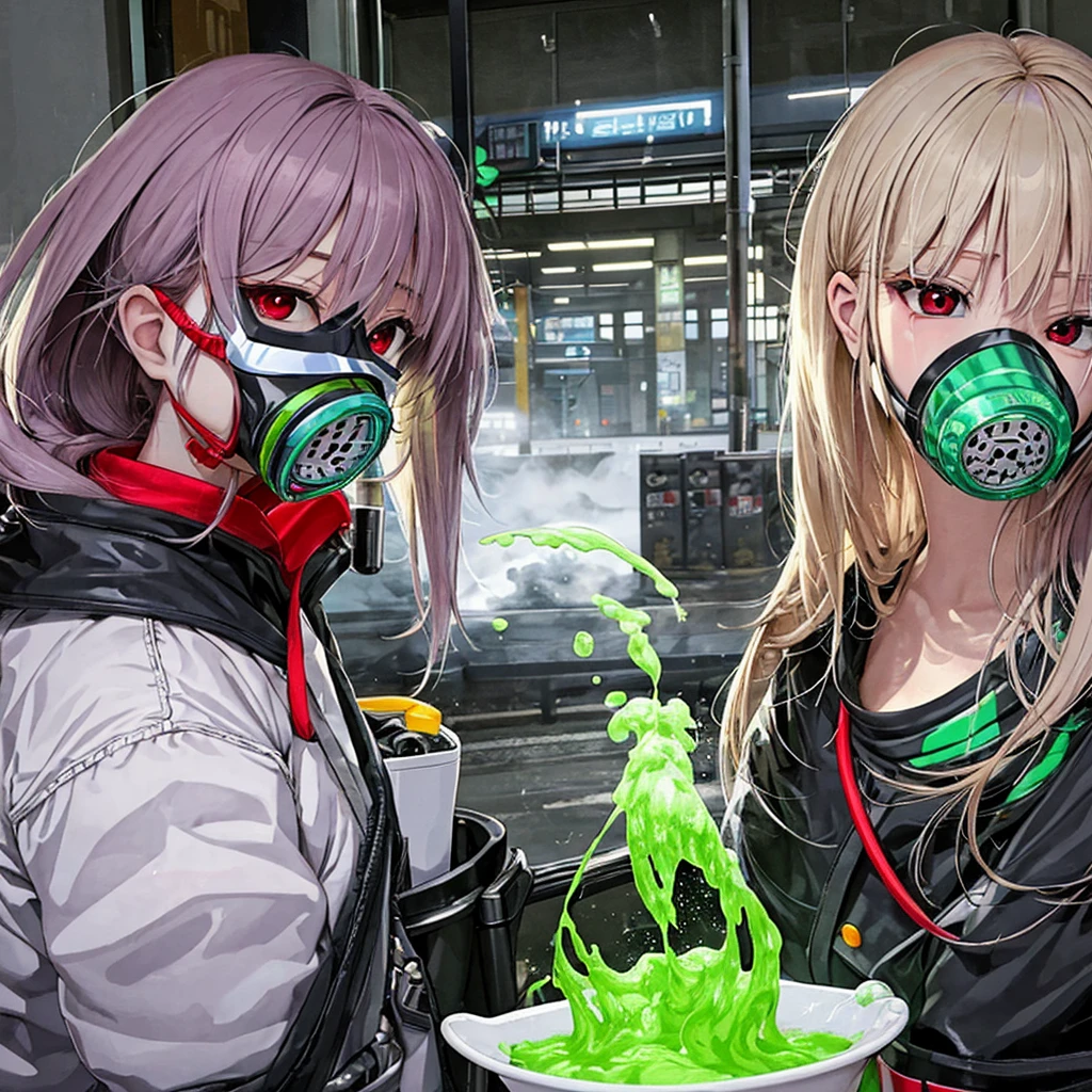 Female acidic saliva, toxic gas mask with green acid, smoke, red eyes, long hair, 