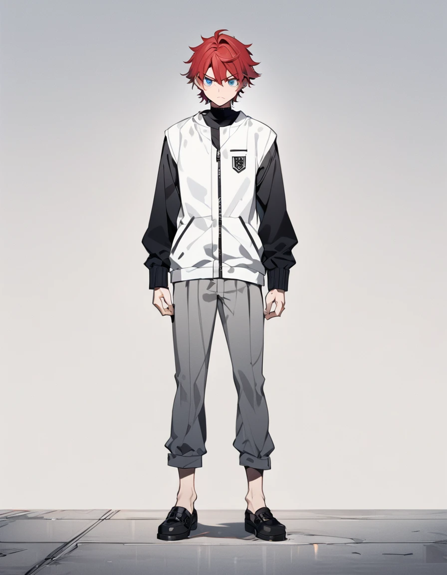 A anime man, short red hair, blue eyes, white jacket, black t-shirt, gray pants, intimidate expression, black shoes, thin body,standing, full body