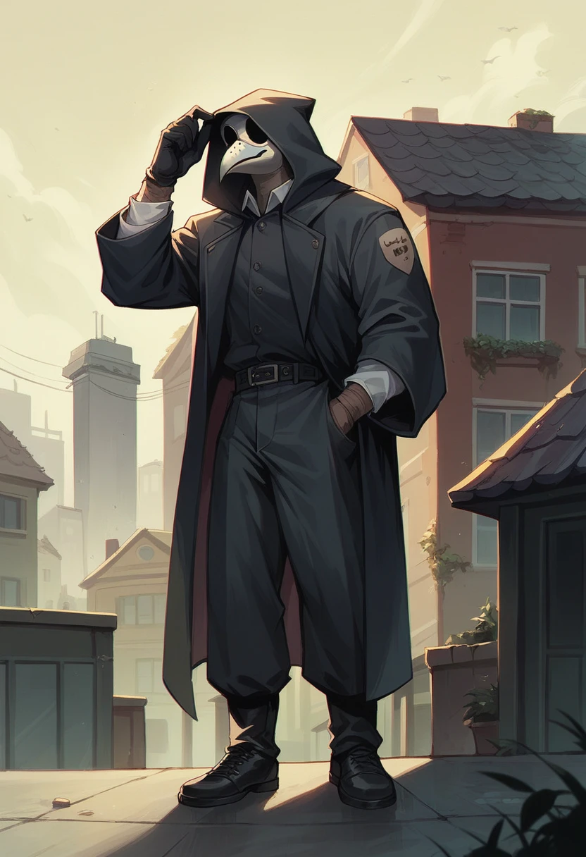 A man dressed as a bubonic plague doctor on the roof of a building watching the skyline of a city where it was raining